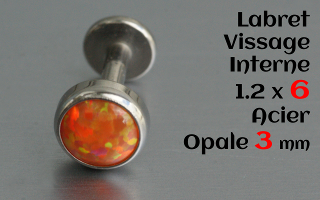 Labret acier 1.2 x 6mm - vissage interne - Opale 3 mm