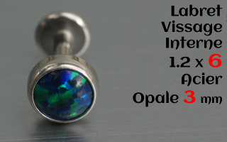 Labret acier 1.2 x 6mm - vissage interne - Opale 3 mm