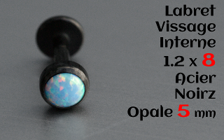 Labret acier Noir 1.2 x 8mm - vissage interne - Opale 5 mm