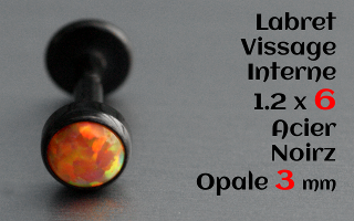 Labret acier Noir 1.2 x 6mm - vissage interne - Opale 3 mm