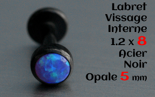 Labret acier Noir 1.2 x 8mm - vissage interne - Opale 5 mm