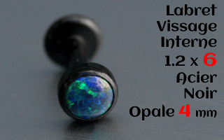 Labret acier Noir 1.2 x 6mm - vissage interne - Opale 4 mm