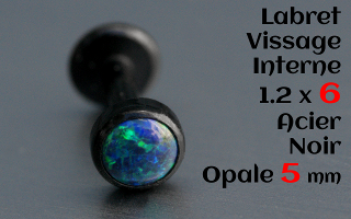 Labret acier Noir 1.2 x 6mm - vissage interne - Opale 5 mm