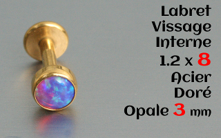 Labret acier Doré 1.2 x 8mm - vissage interne - Opale 3 mm