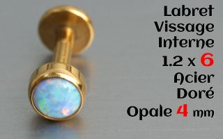 Labret acier Doré 1.2 x 6mm - vissage interne - Opale 4 mm
