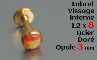 Labret acier Doré 1.2 x 8mm - vissage interne - Opale 3 mm