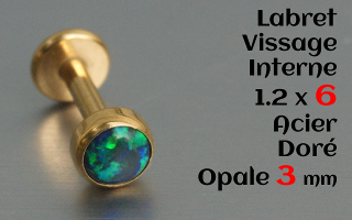 Labret acier Doré 1.2 x 6mm - vissage interne - Opale 3 mm