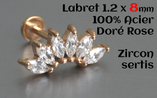 labret 1.2 x 8 - Acier Doré Rose zircons sertis