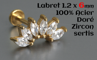 labret 1.2 x 6 - Acier Doré zircons sertis