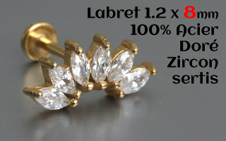 labret 1.2 x 8 - Acier Doré zircons sertis
