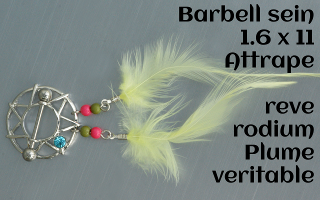 Attrape reve rodium - sein - barre acier 1.6 x 11 mm (taille effective portable) - plume veritable