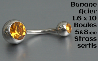 banane Acier 1.6 x 10 - boule 5 et 8 mm - zircon sertis - Ambre