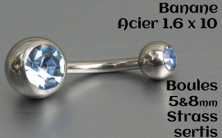banane Acier 1.6 x 10 - boule 5 et 8 mm - zircon sertis - Bleu Ciel