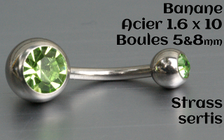 banane Acier 1.6 x 10 - boule 5 et 8 mm - zircon sertis - vert/FR>