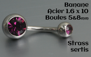 banane Acier 1.6 x 10 - boule 5 et 8 mm - zircon sertis - Amethyste