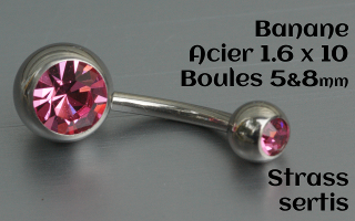 banane Acier 1.6 x 10 - boule 5 et 8 mm - zircon sertis - Rose