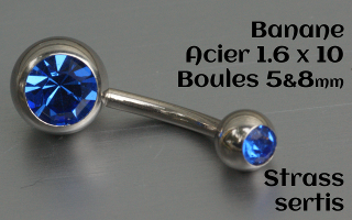 banane Acier 1.6 x 10 - boule 5 et 8 mm - zircon sertis - Bleu
