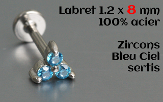labret et accessoire acier 1.2 x 8 - zircons bleu ciel