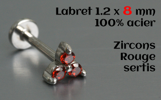 labret et accessoire acier 1.2 x 8 - zircons rouge vif