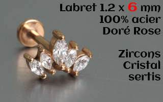 labret et accessoire acier dore rose 1.2 x 6 - zircons cristal sertis