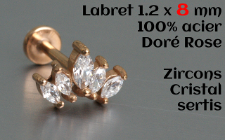labret et accessoire acier dore rose 1.2 x 8 - zircons cristal sertis