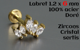 labret et accessoire acier dore 1.2 x 6 - zircons cristal sertis