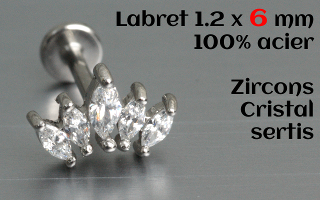 labret et accessoire acier 1.2 x 6 - zircons cristal sertis