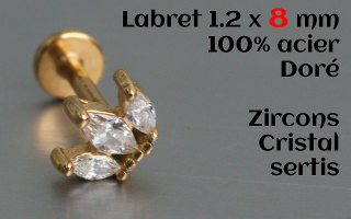 labret et accessoire acier dore 1.2 x 8 - zircons cristal sertis