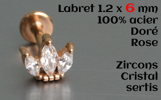 labret et accessoire acier dore rose 1.2 x 6 - zircons cristal sertis