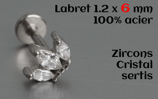 labret et accessoire acier 1.2 x 6 - zircons cristal sertis