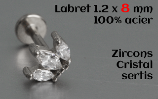 labret et accessoire acier 1.2 x 8 - zircons cristal sertis