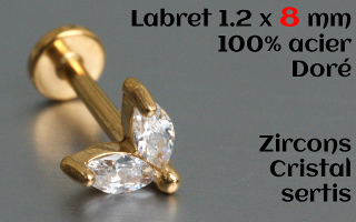 labret et accessoire acier dore 1.2 x 8 - zircons cristal sertis