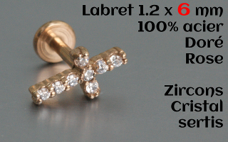 labret et accessoire acier dore rose 1.2 x 6 - zircons cristal sertis