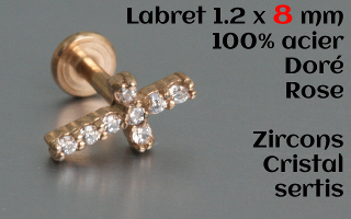 labret et accessoire acier dore rose 1.2 x 8 - zircons cristal sertis