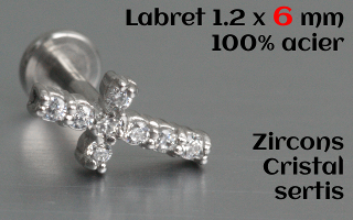 labret et accessoire acier 1.2 x 6 - zircons cristal sertis