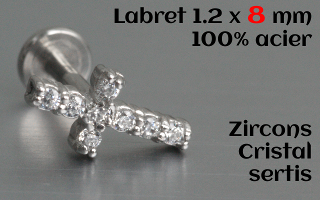labret et accessoire acier 1.2 x 8 - zircons cristal sertis