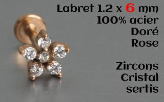labret et accessoire acier dore rose 1.2 x 6 - zircons cristal sertis