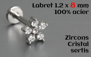 labret et accessoire acier 1.2 x 8 - zircons cristal sertis