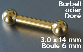 Barbell 3 x 14 - Acier dore - boule 6 mm