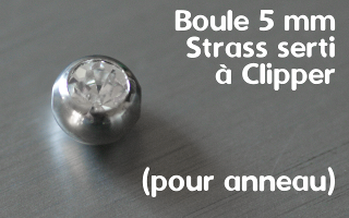 Boule acier 5 mm strass serti - Pour BCR (anneau)