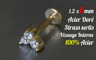 Labret 1.2 x 6 Acier Dore - vissage interne - strass sertis - 100% acier