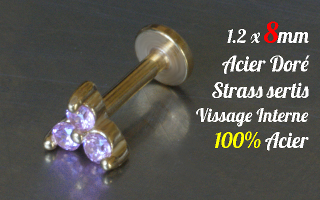 Labret 1.2 x 8 Acier Dore - vissage interne - strass sertis - 100% acier