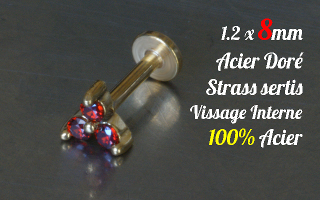 Labret 1.2 x 8 Acier Dore - vissage interne - strass sertis - 100% acier