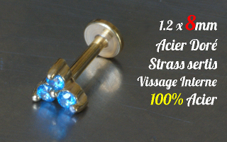 Labret 1.2 x 8 Acier Dore - vissage interne - strass sertis - 100% acier
