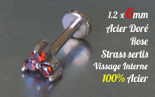 Labret 1.2 x 6 Acier Dore Rose - vissage interne - strass sertis - 100% acier