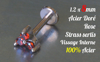 Labret 1.2 x 8 Acier Dore Rose - vissage interne - strass sertis - 100% acier