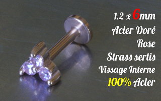 Labret 1.2 x 6 Acier Dore Rose - vissage interne - strass sertis - 100% acier