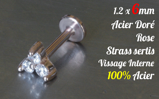 Labret 1.2 x 6 Acier Dore Rose - vissage interne - strass sertis - 100% acier