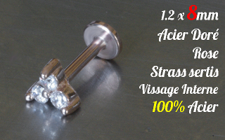 Labret 1.2 x 8 Acier Dore Rose - vissage interne - strass sertis - 100% acier