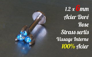 Labret 1.2 x 6 Acier Dore Rose - vissage interne - strass sertis - 100% acier